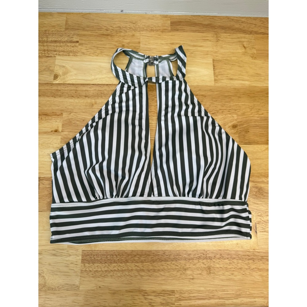 Olive Green White Striped Halter Bikini Top Keyhole XL Cutout Swimwear